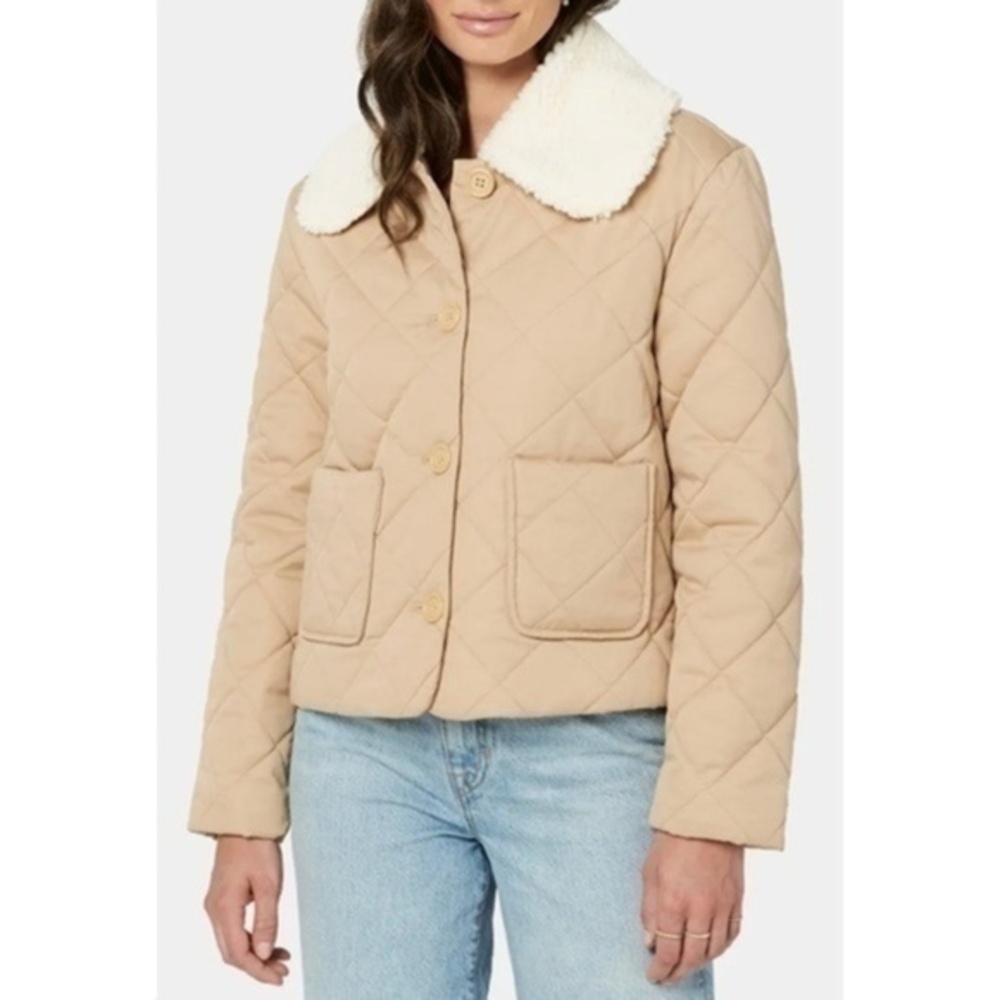 NWOT & Other Stories Quilted Cotton Faux Fur Trim Jacket Tan 0, XS